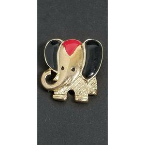 Sweet Vintage Red Gold Black Color Enamel Elephant Brooch Pin Cartoon Fun 1"